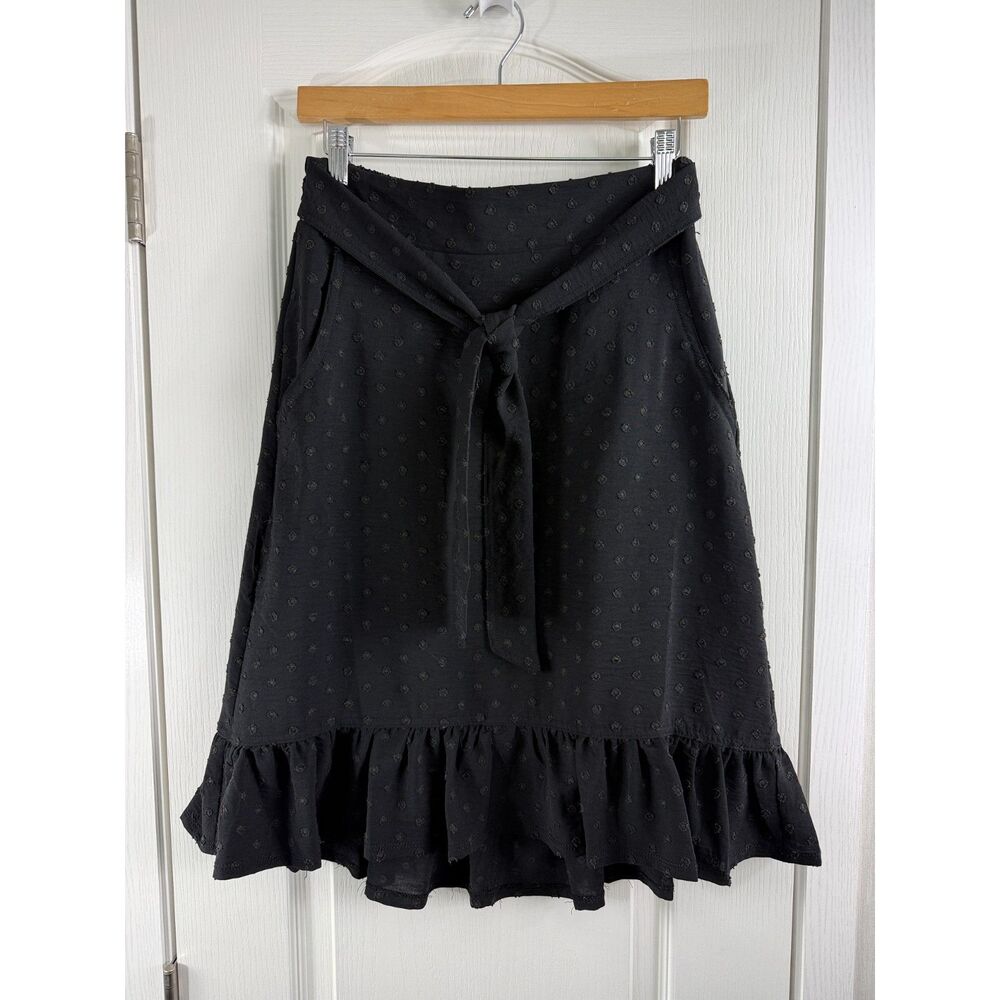 SOHO Apparel Ltd. Women's Black Textured Dot Ruffle Midi Skirt Tie Waist Size S